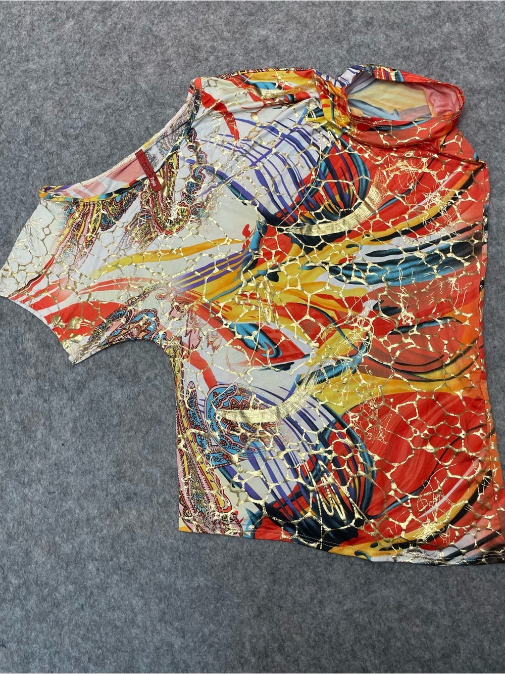 Unique Artwear Abstract Gold Foil Asymmetrical Statement Festival Top S/M Est - Picture 7 of 9